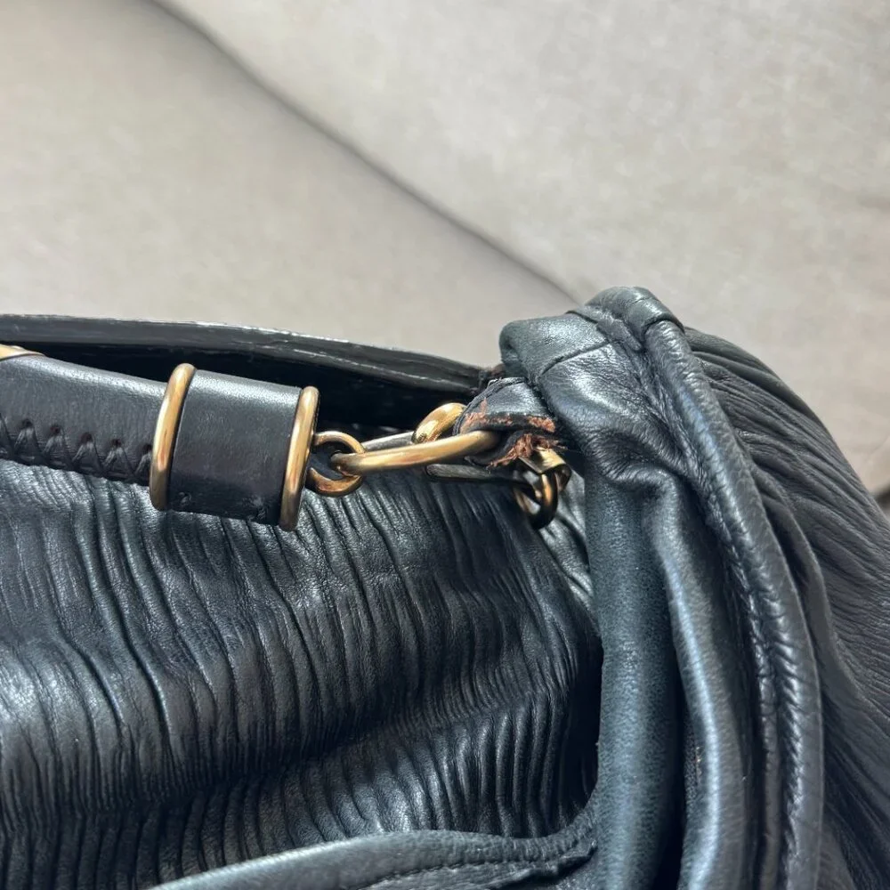 Burberry Prorsum Black Leather Crinkle Texture Large Tote Shoulder Hobo Bag Gold